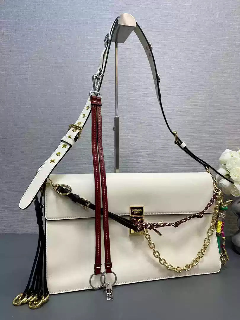 Prada 1BD378 Soft Sound large leather shoulder bag with charms White