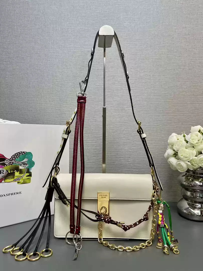 Prada 1BD379 Soft Sound small leather shoulder bag with charms White
