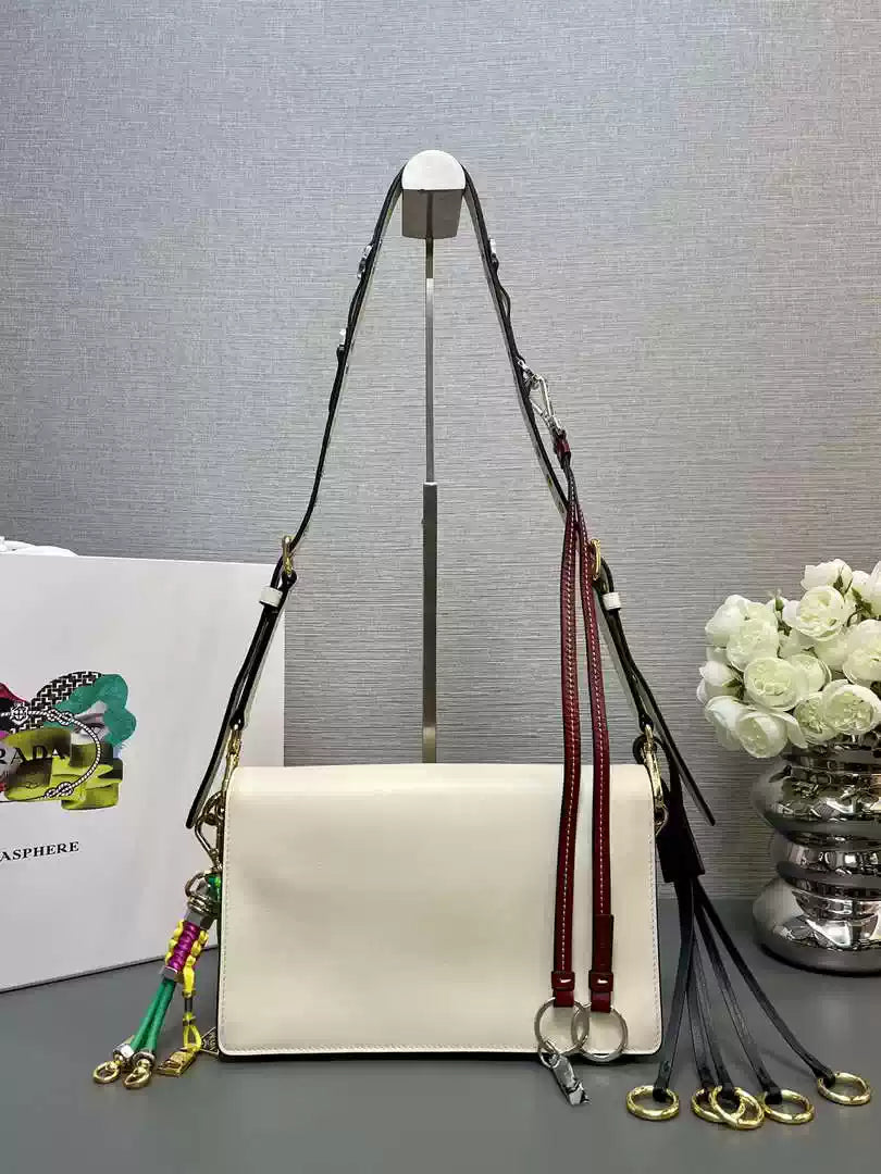 Prada 1BD379 Soft Sound small leather shoulder bag with charms White