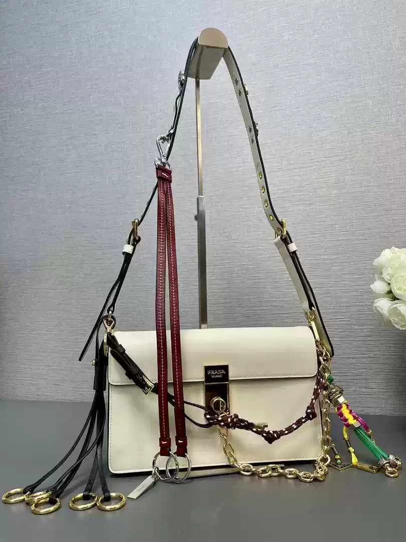 Prada 1BD379 Soft Sound small leather shoulder bag with charms White