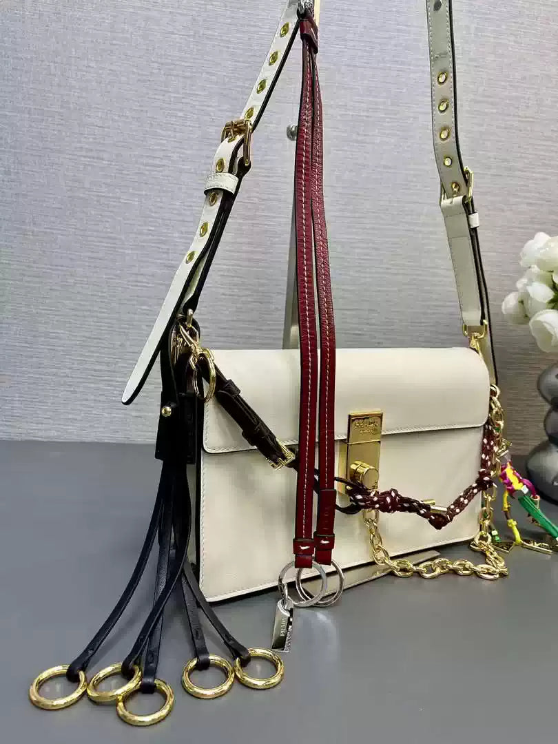Prada 1BD379 Soft Sound small leather shoulder bag with charms White