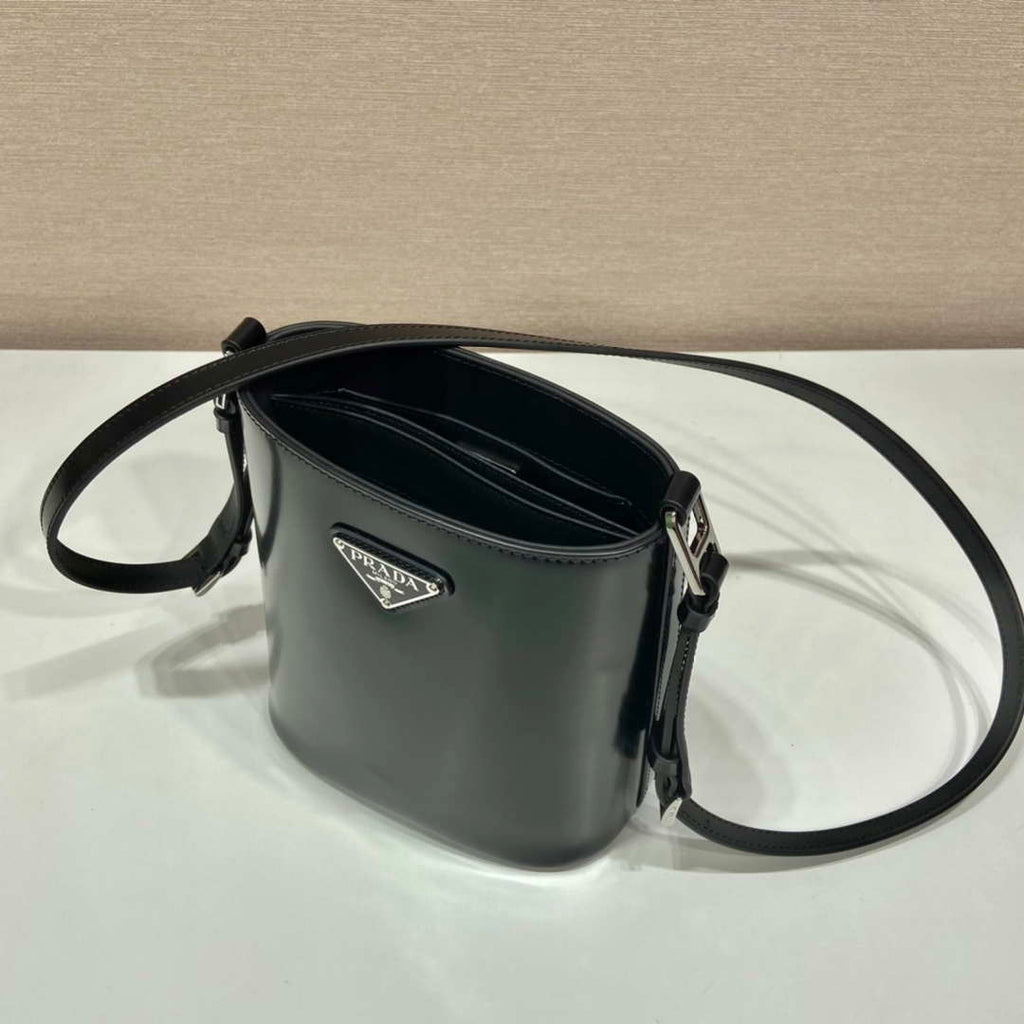 Prada Mini brushed-leather bucket bag 1BE059 Black