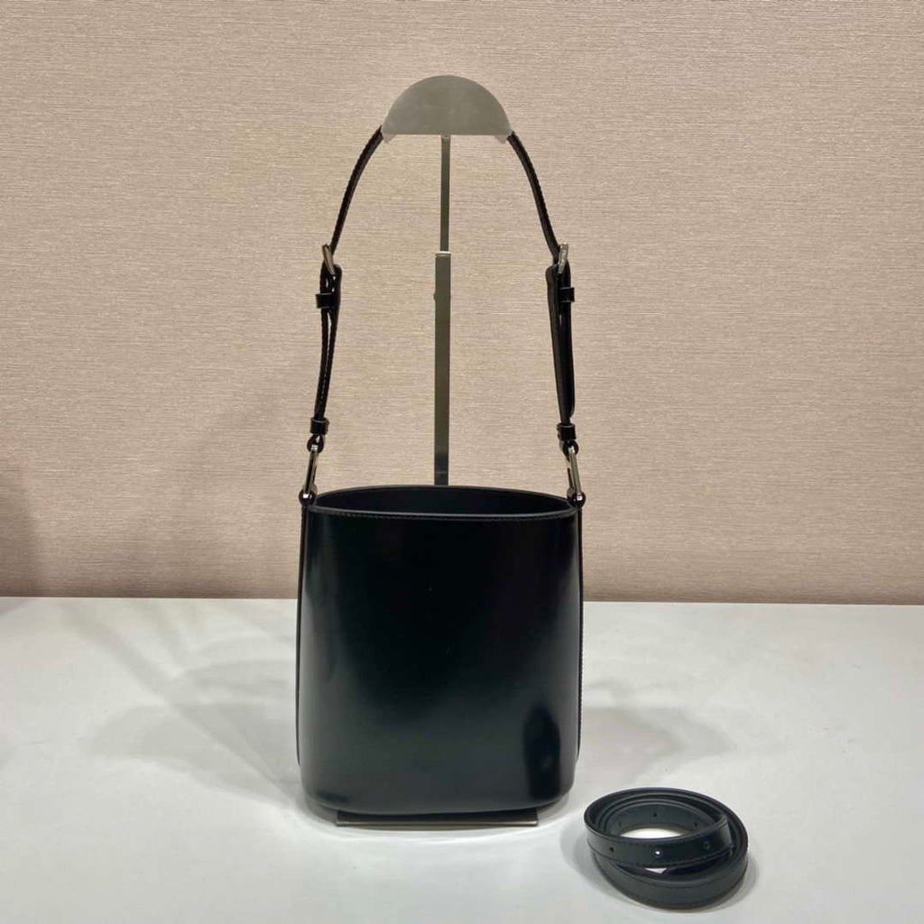 Prada Mini brushed-leather bucket bag 1BE059 Black