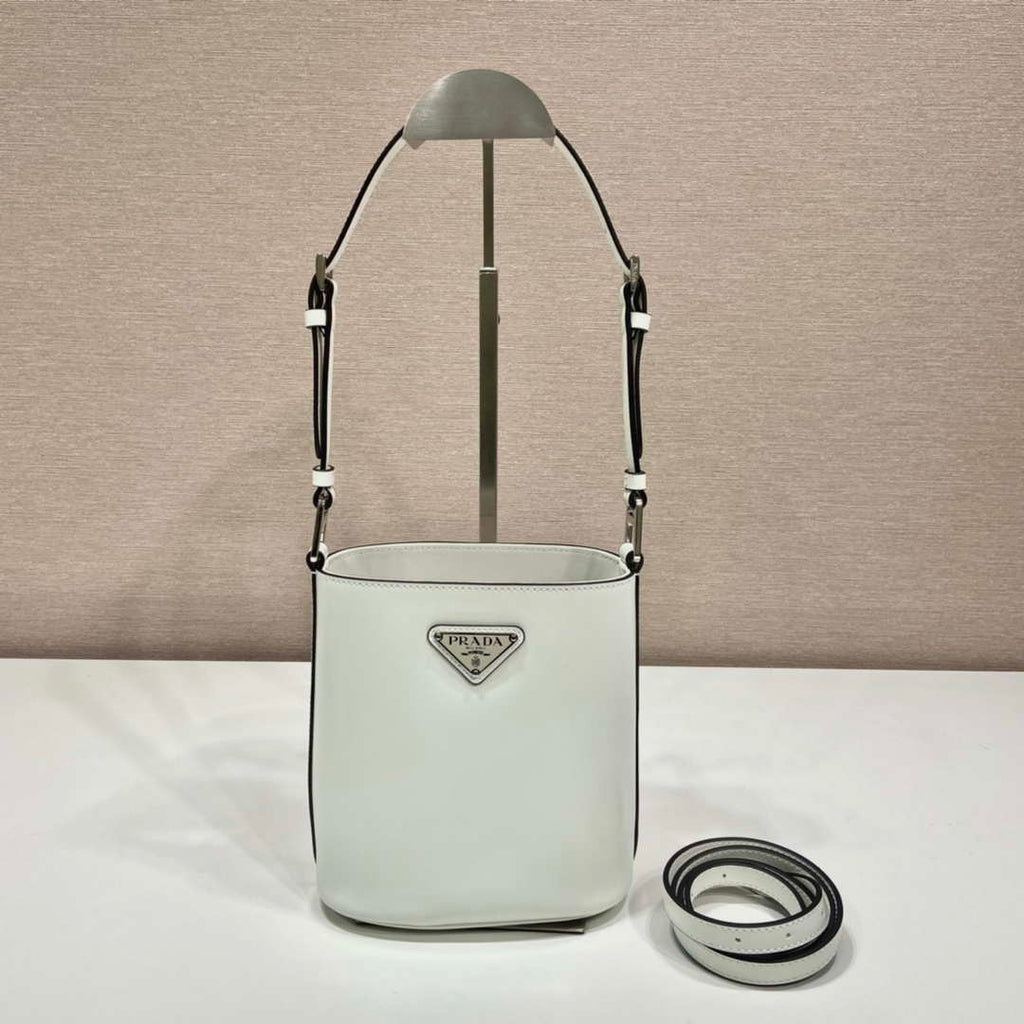 Prada 1BE059 Mini brushed-leather bucket bag White