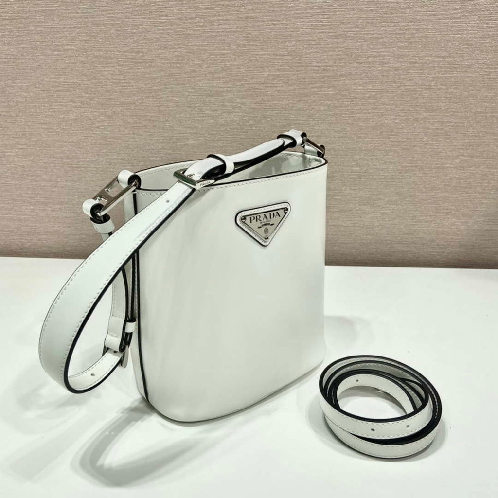 Prada 1BE059 Mini brushed-leather bucket bag White