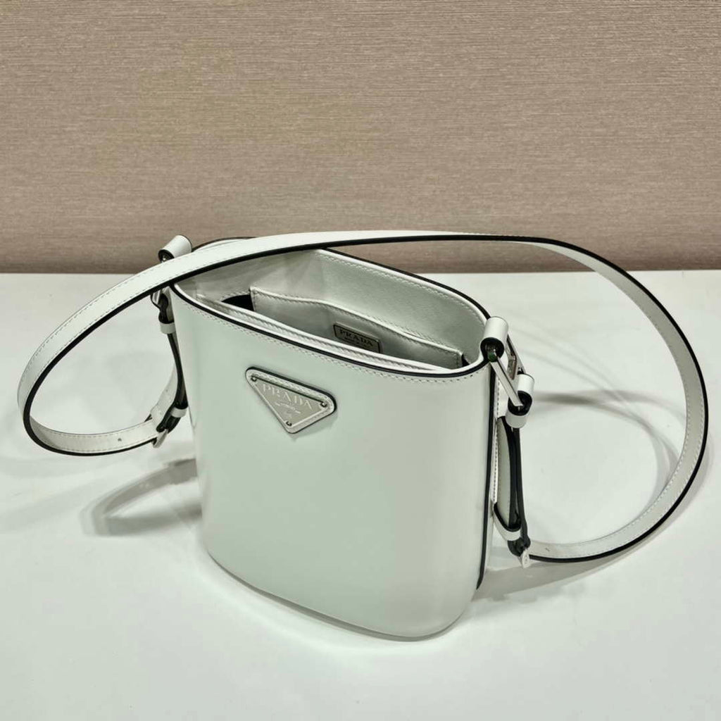 Prada 1BE059 Mini brushed-leather bucket bag White