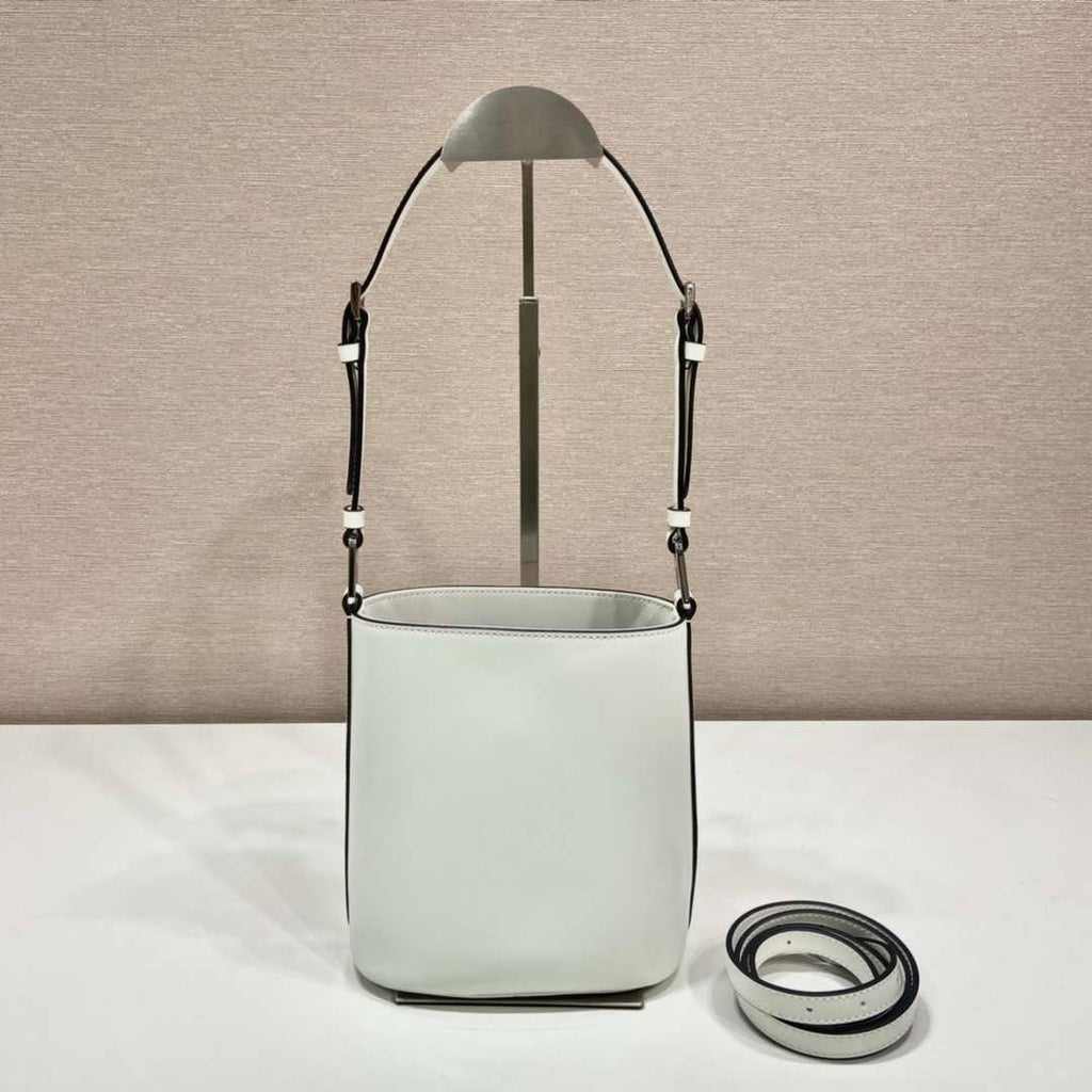 Prada 1BE059 Mini brushed-leather bucket bag White