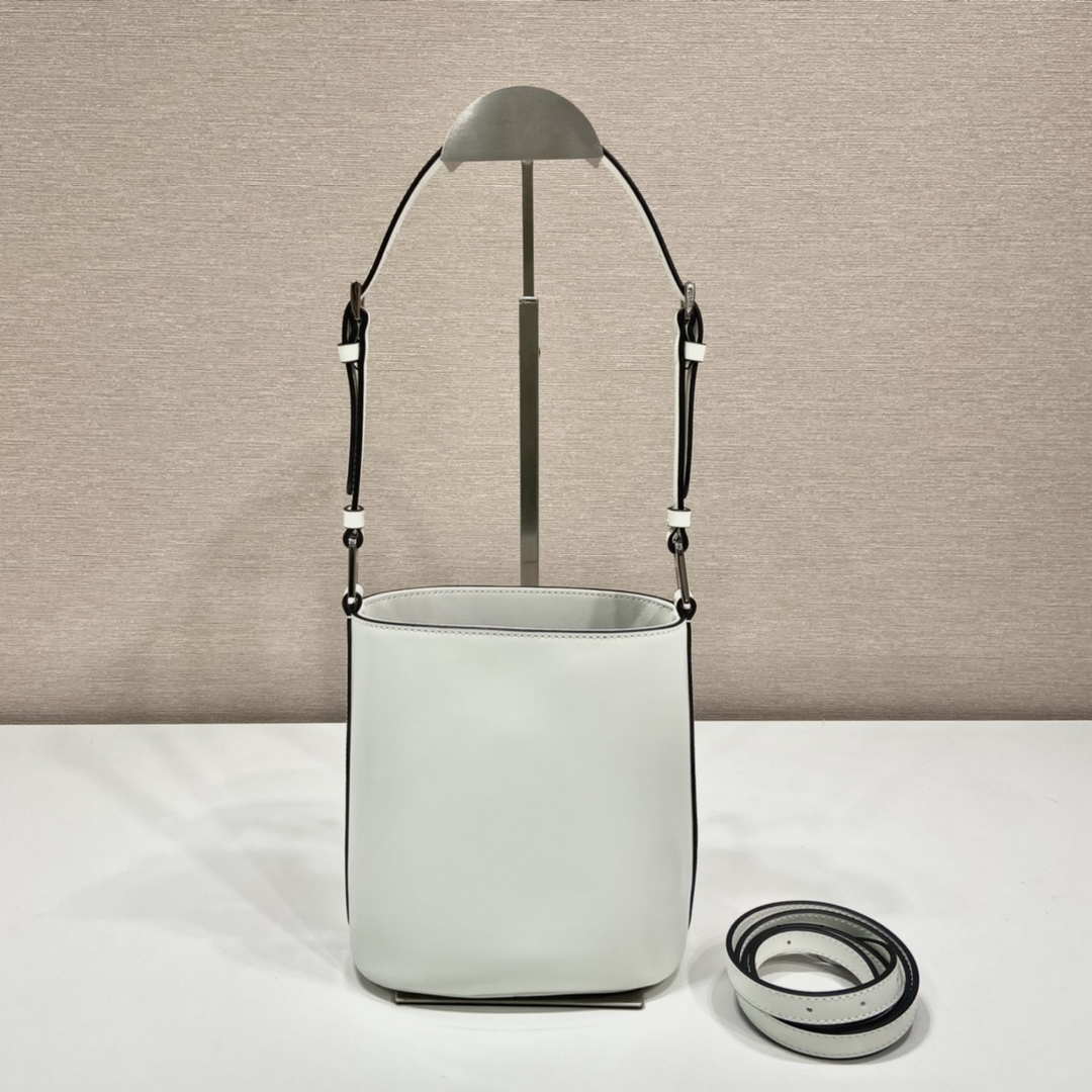 Prada 1BE059 Mini brushed-leather bucket bag White
