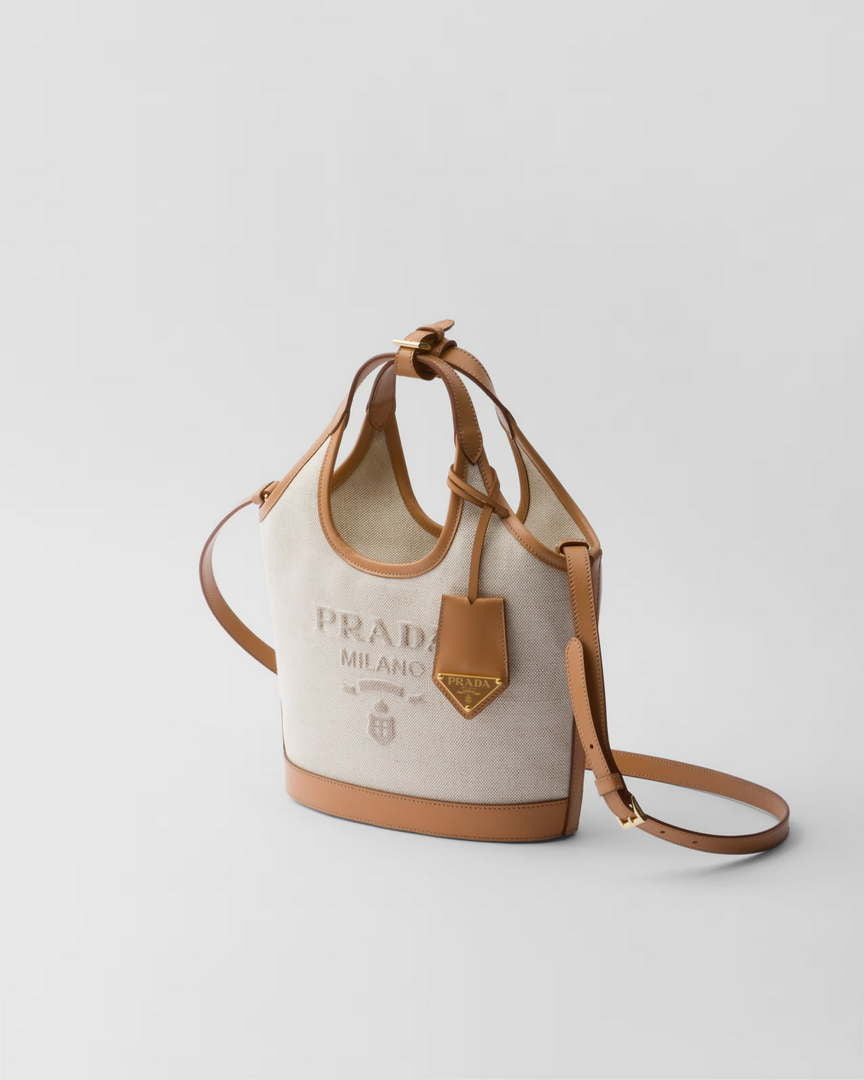 Prada 1BE074 Small linen blend and leather tote bag Natural - Default Title - View 3