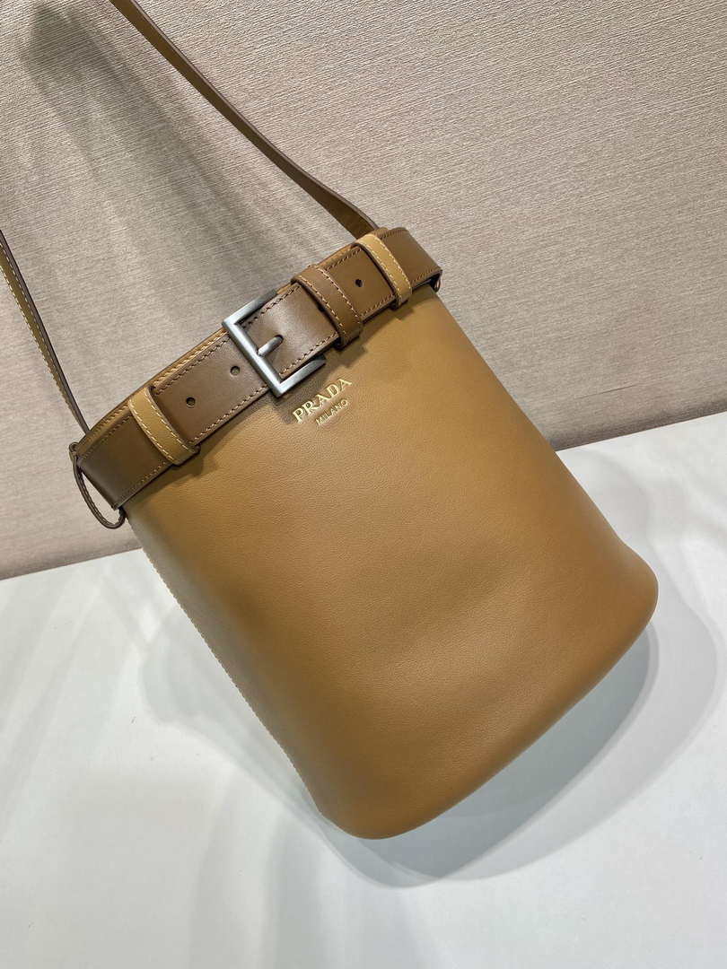 Prada 1BE085 Buckle leather bucket bag with belt Brown