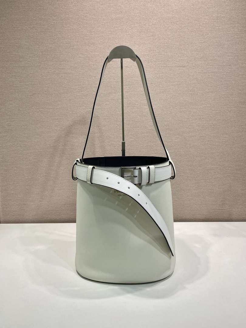 Prada 1BE085 Buckle leather bucket bag with belt White
