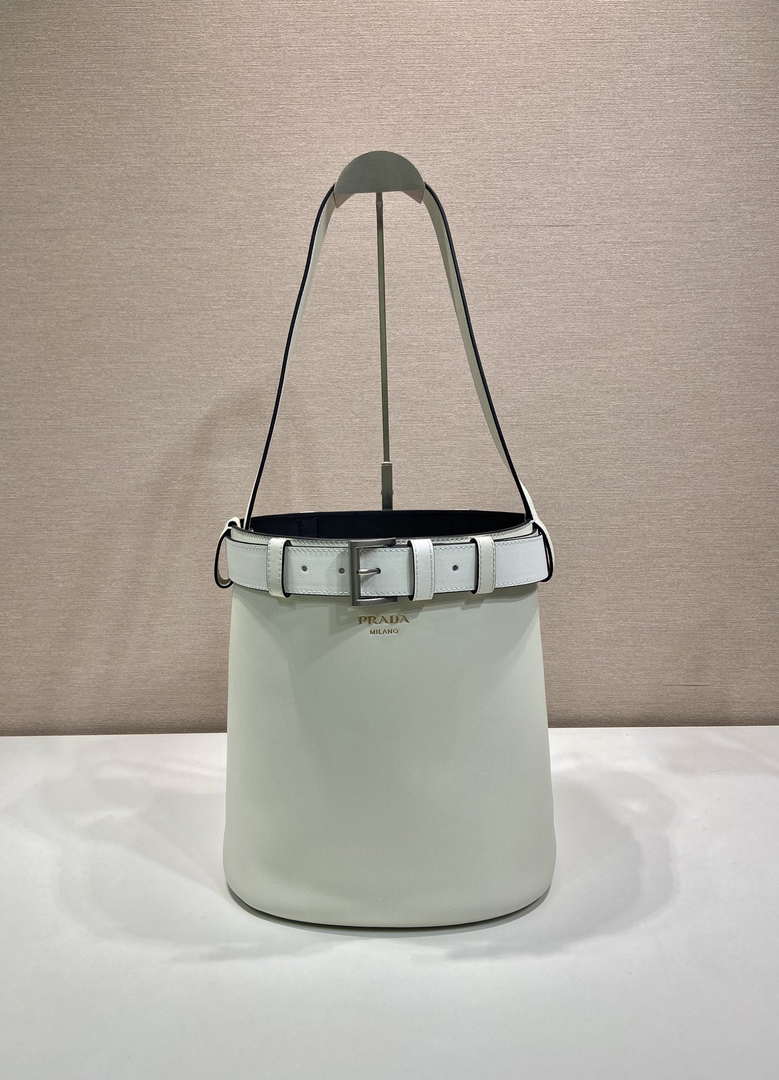 Prada 1BE085 Buckle leather bucket bag with belt White