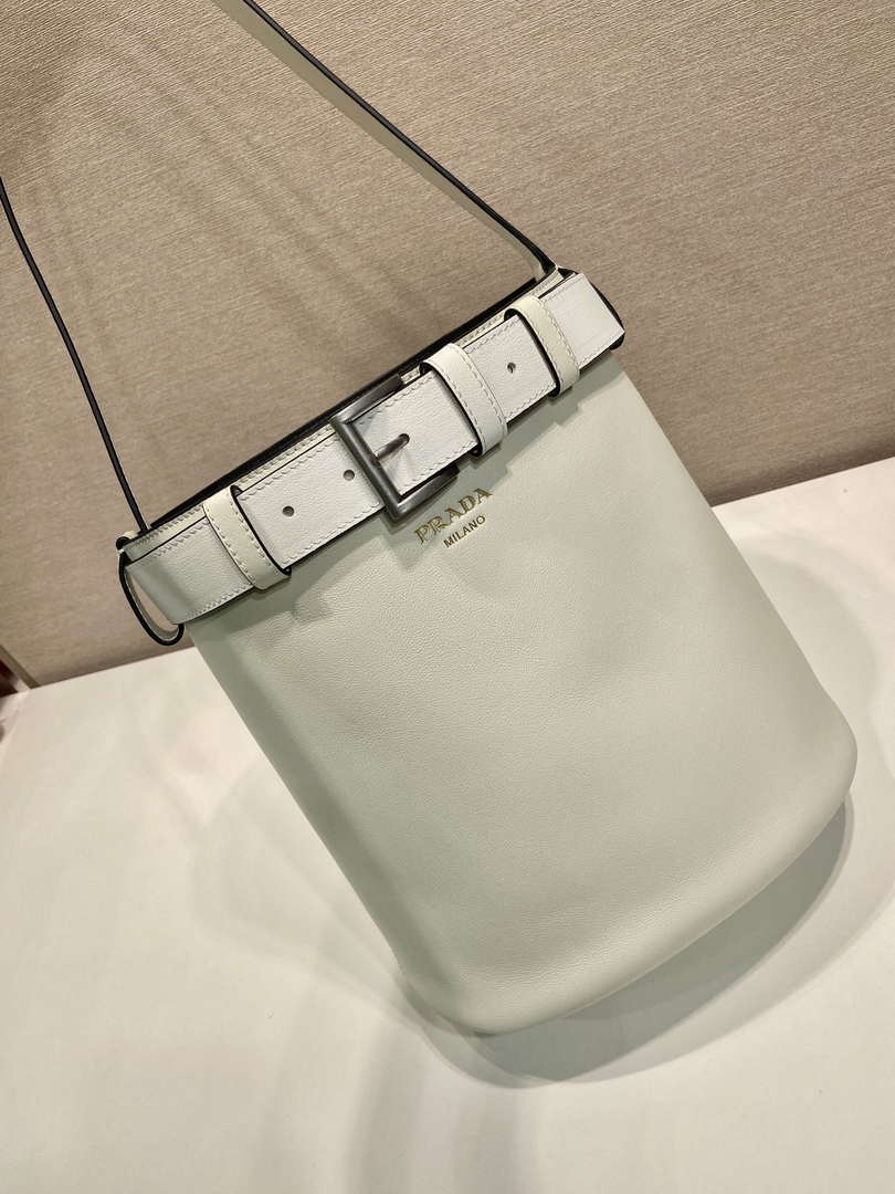 Prada 1BE085 Buckle leather bucket bag with belt White