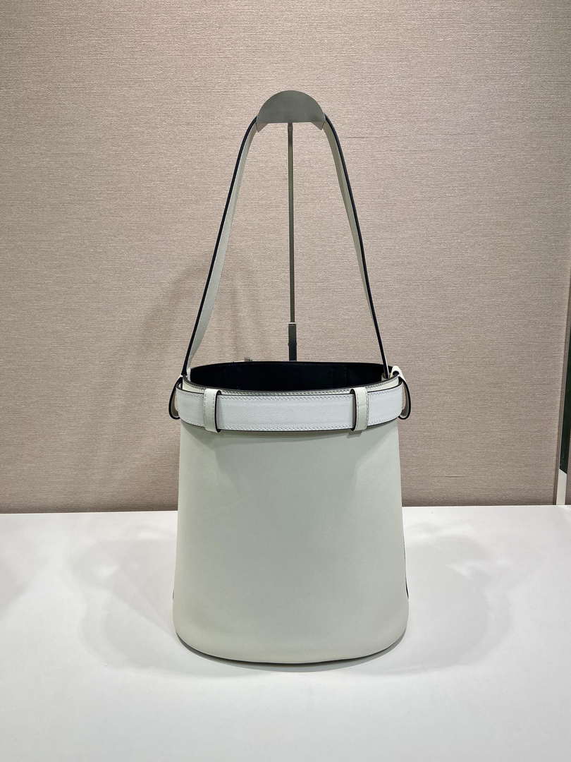 Prada 1BE085 Buckle leather bucket bag with belt White