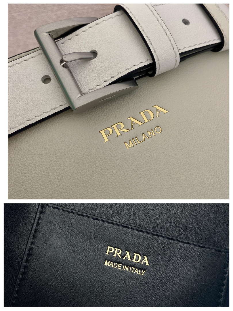 Prada 1BE085 Buckle leather bucket bag with belt White