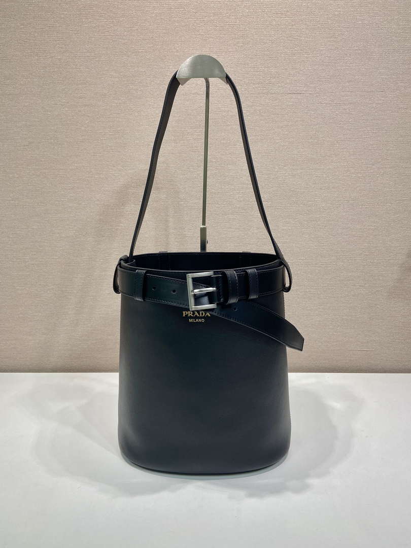 Prada 1BE085 Buckle leather bucket bag with belt Black