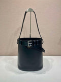 Prada 1BE085 Buckle leather bucket bag with belt Black