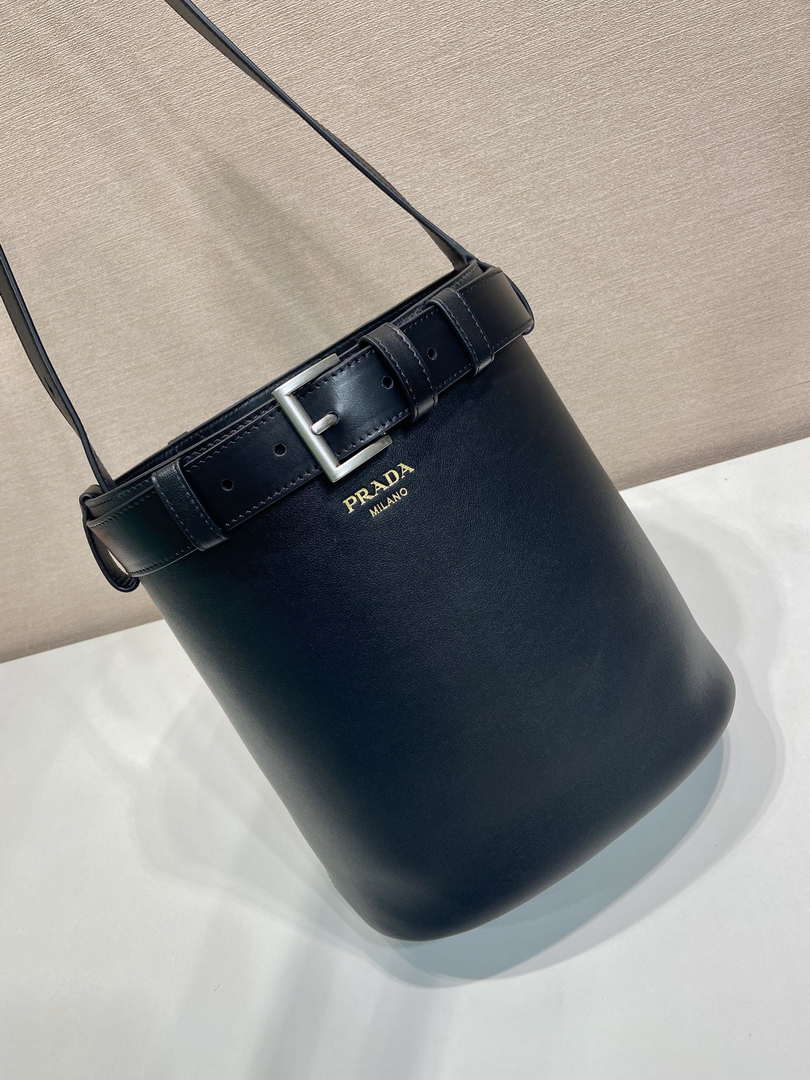 Prada 1BE085 Buckle leather bucket bag with belt Black