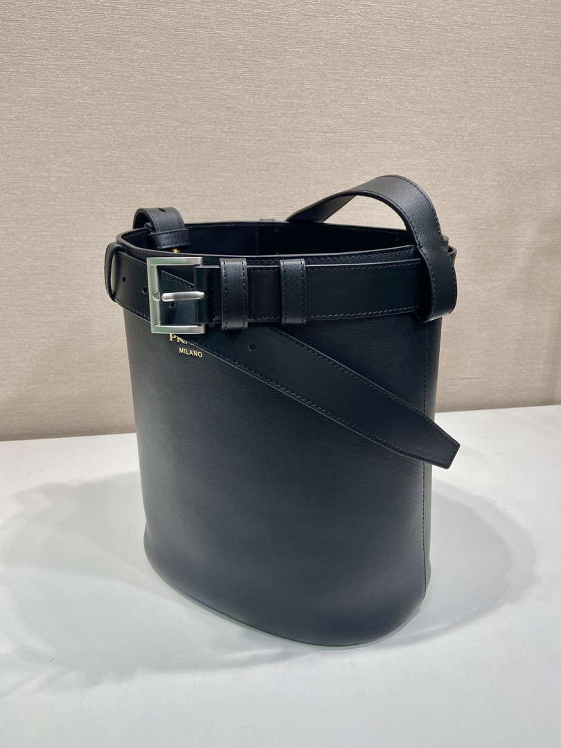 Prada 1BE085 Buckle leather bucket bag with belt Black