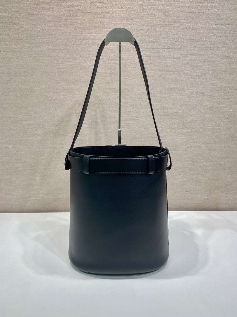 Prada 1BE085 Buckle leather bucket bag with belt Black