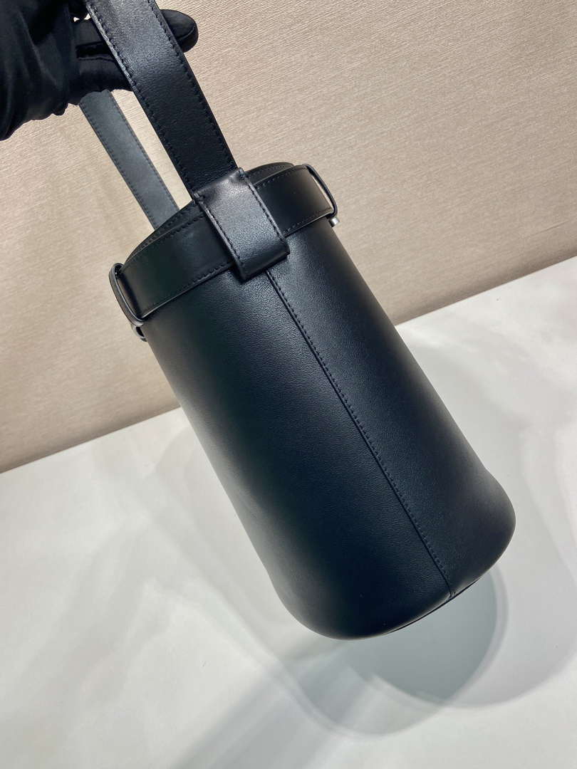 Prada 1BE085 Buckle leather bucket bag with belt Black