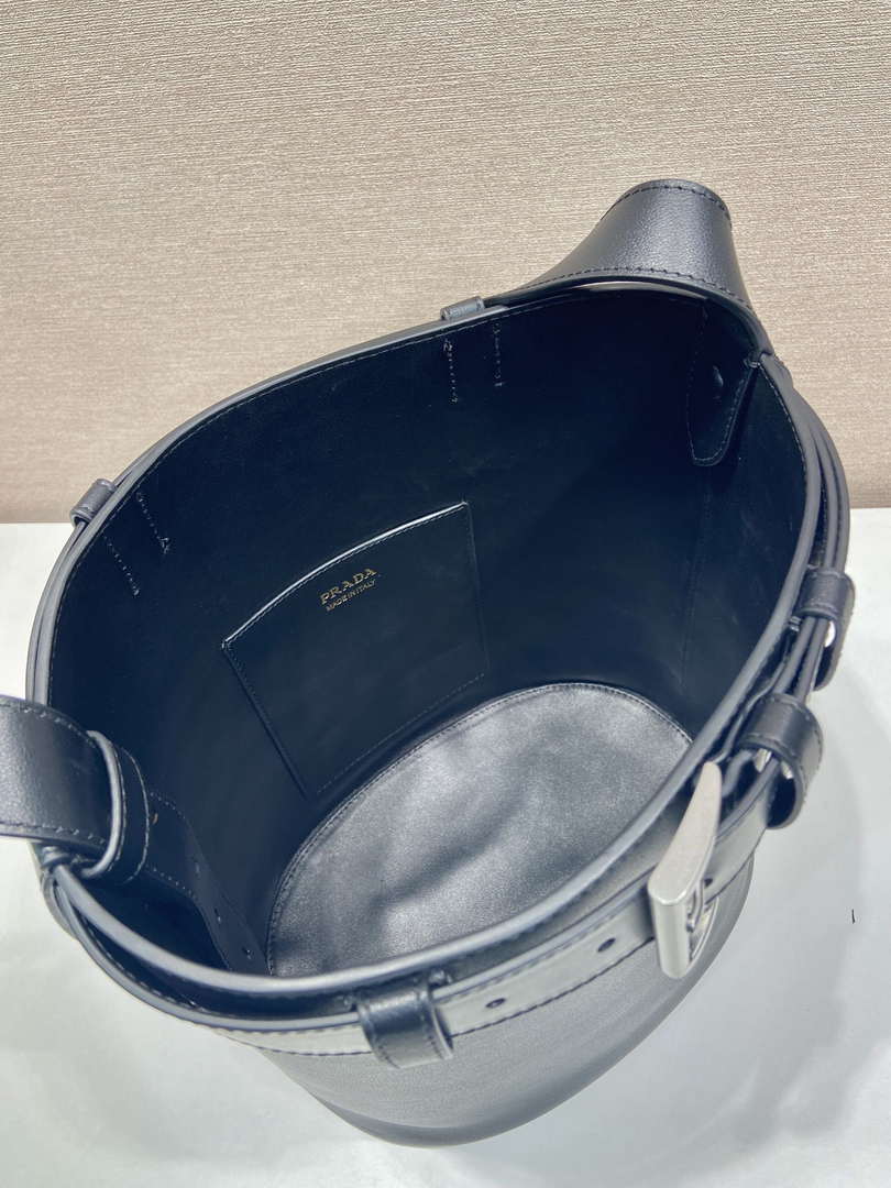 Prada 1BE085 Buckle leather bucket bag with belt Black