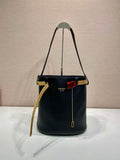 Prada 1BE085 Buckle leather bucket bag with jeweled belt Black