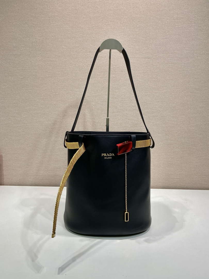 Prada 1BE085 Buckle leather bucket bag with jeweled belt Black