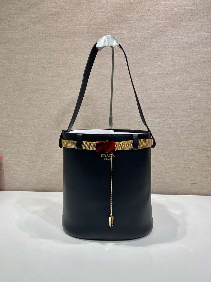 Prada 1BE085 Buckle leather bucket bag with jeweled belt Black