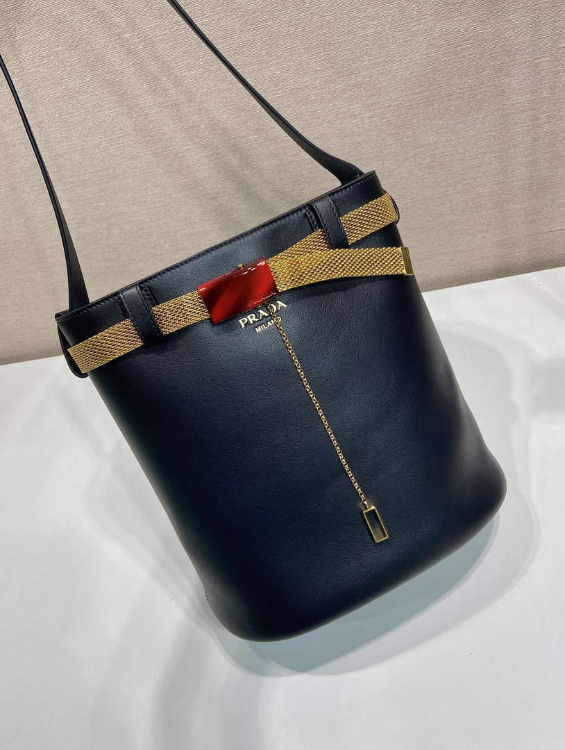 Prada 1BE085 Buckle leather bucket bag with jeweled belt Black