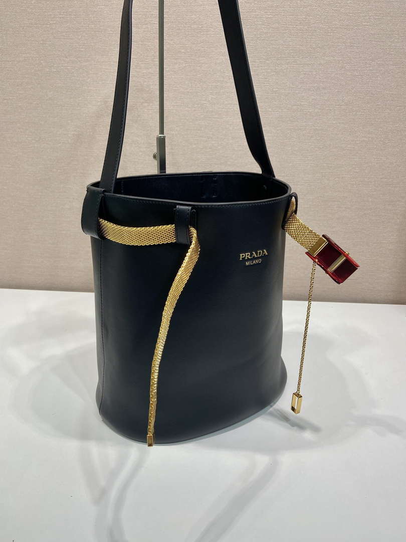 Prada 1BE085 Buckle leather bucket bag with jeweled belt Black