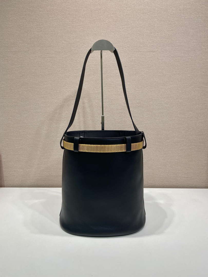Prada 1BE085 Buckle leather bucket bag with jeweled belt Black