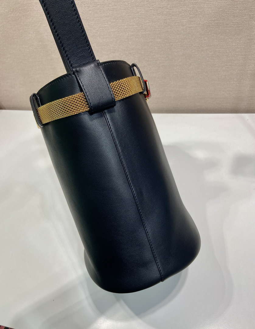 Prada 1BE085 Buckle leather bucket bag with jeweled belt Black