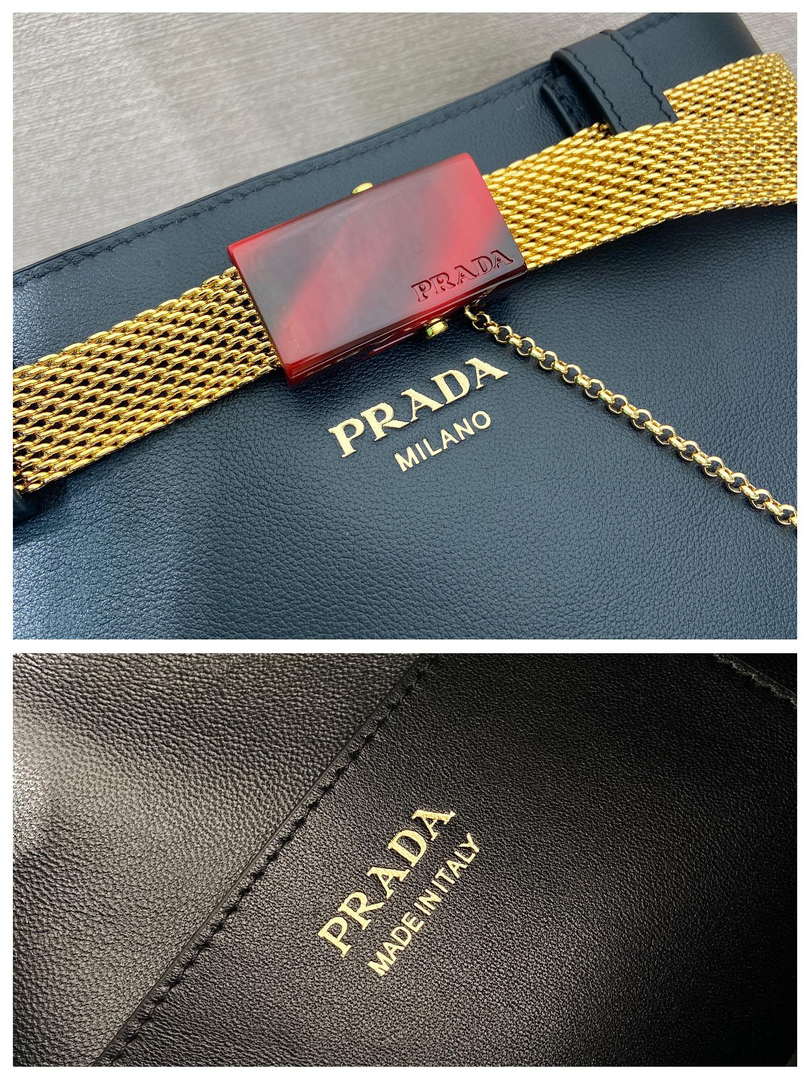 Prada 1BE085 Buckle leather bucket bag with jeweled belt Black