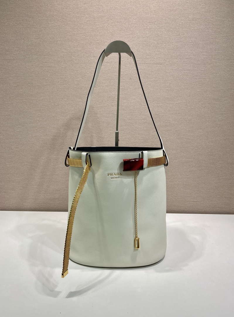 Prada 1BE085 Buckle leather bucket bag with jeweled belt White