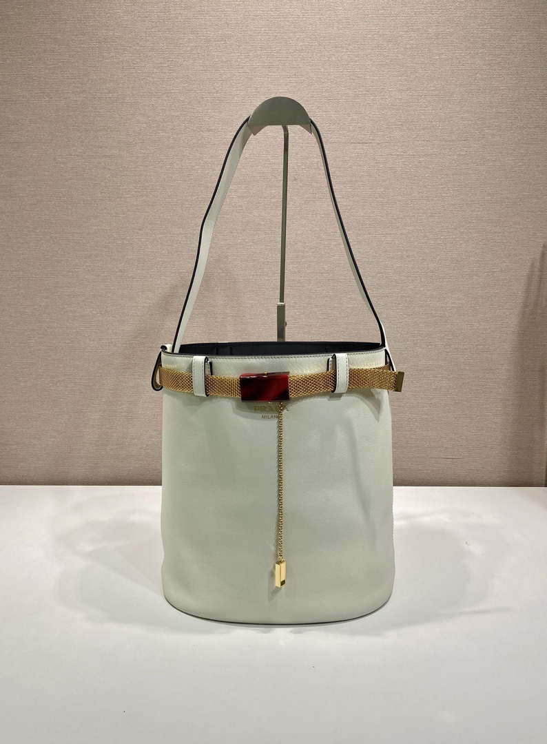 Prada 1BE085 Buckle leather bucket bag with jeweled belt White