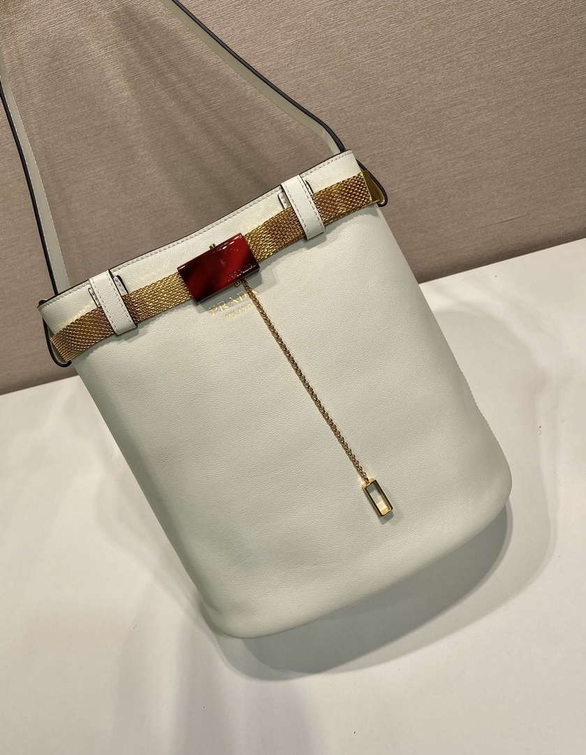 Prada 1BE085 Buckle leather bucket bag with jeweled belt White