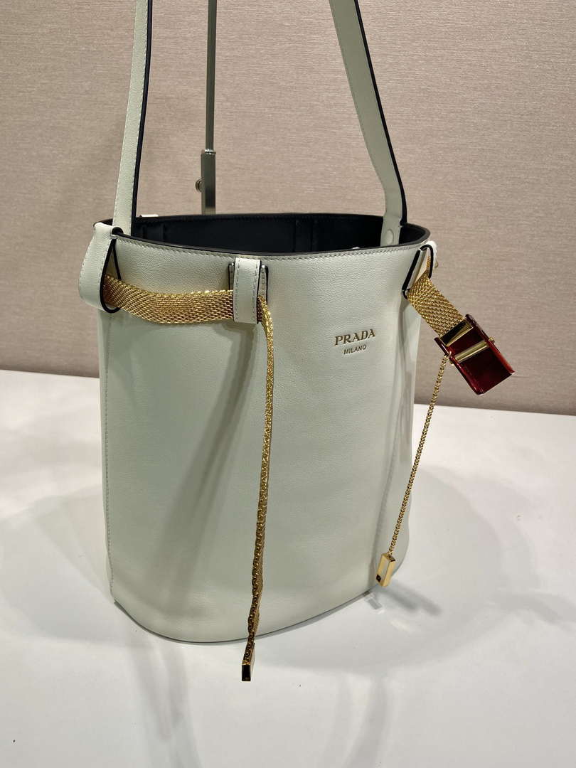 Prada 1BE085 Buckle leather bucket bag with jeweled belt White