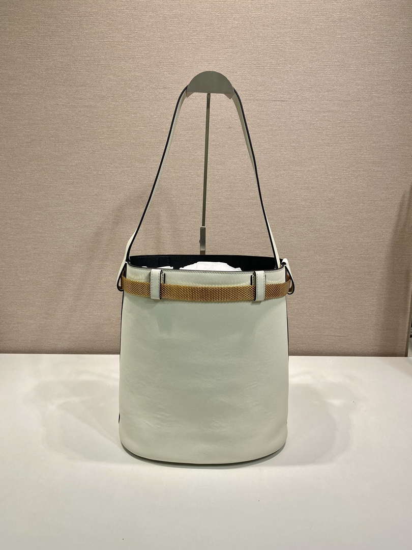 Prada 1BE085 Buckle leather bucket bag with jeweled belt White