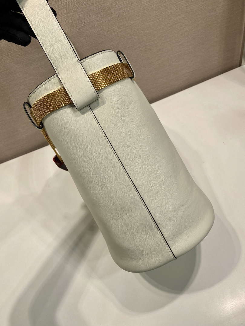 Prada 1BE085 Buckle leather bucket bag with jeweled belt White