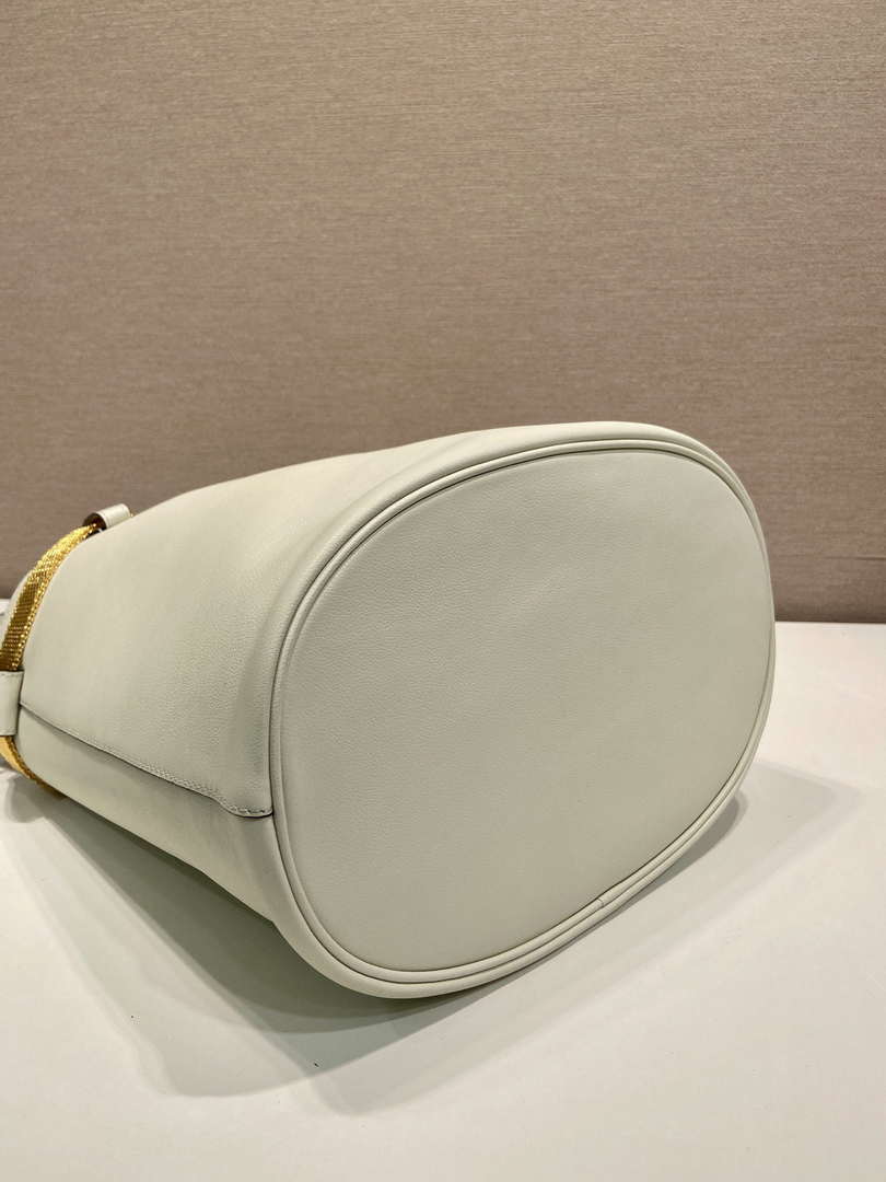 Prada 1BE085 Buckle leather bucket bag with jeweled belt White