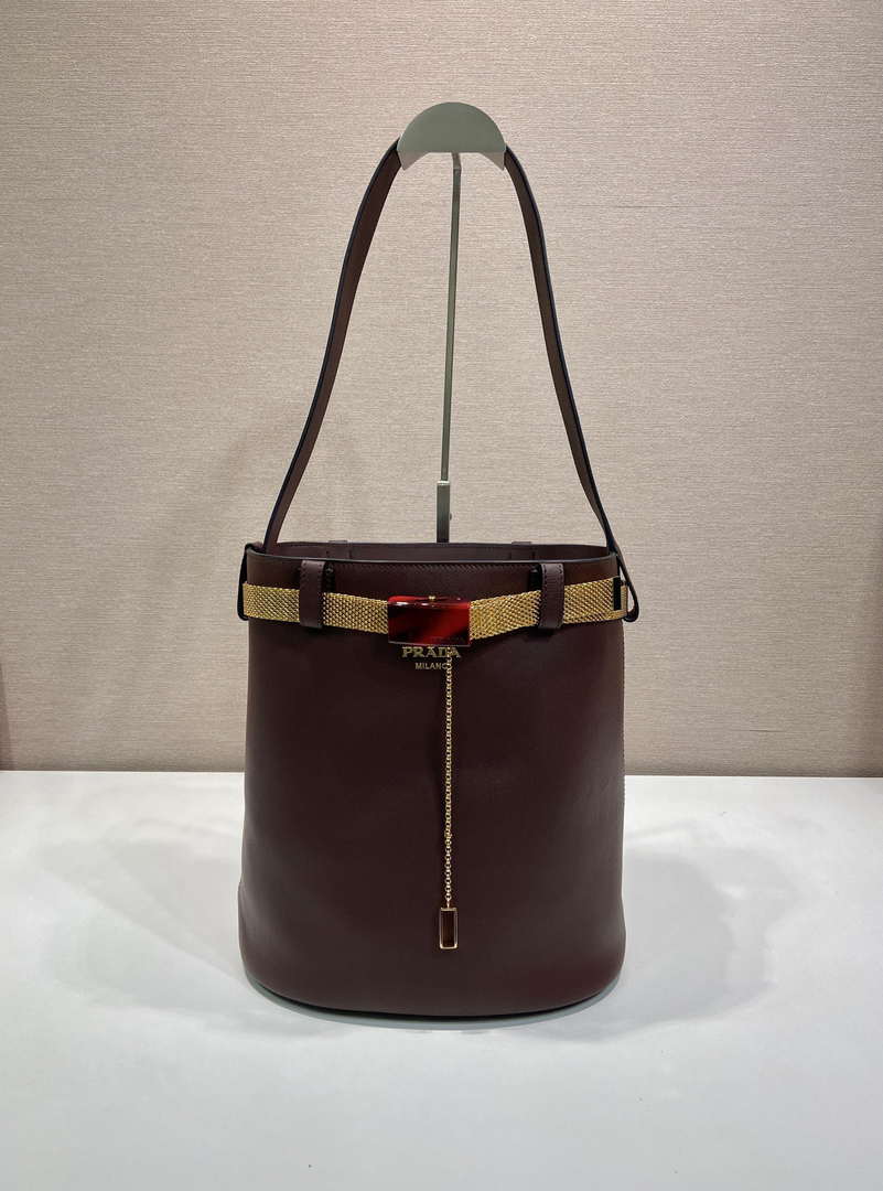 Prada 1BE085 Buckle leather bucket bag with jeweled belt Wine Red