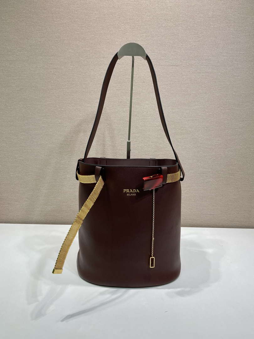 Prada 1BE085 Buckle leather bucket bag with jeweled belt Wine Red