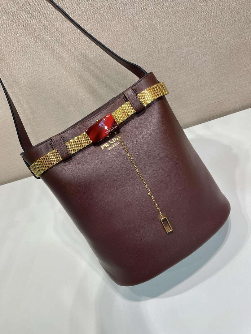Prada 1BE085 Buckle leather bucket bag with jeweled belt Wine Red