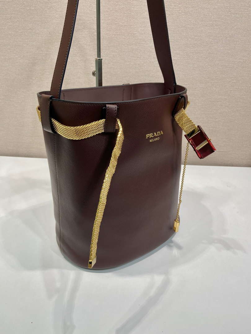 Prada 1BE085 Buckle leather bucket bag with jeweled belt Wine Red