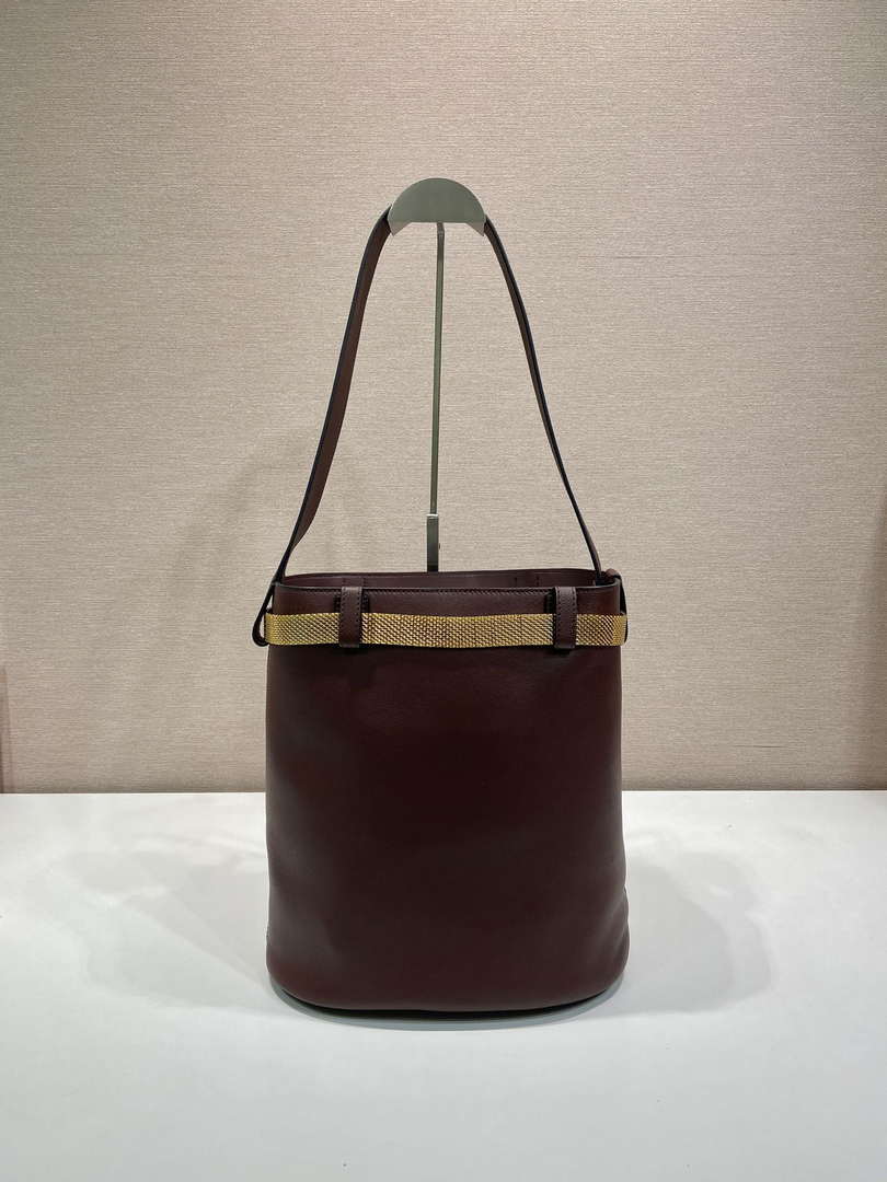 Prada 1BE085 Buckle leather bucket bag with jeweled belt Wine Red