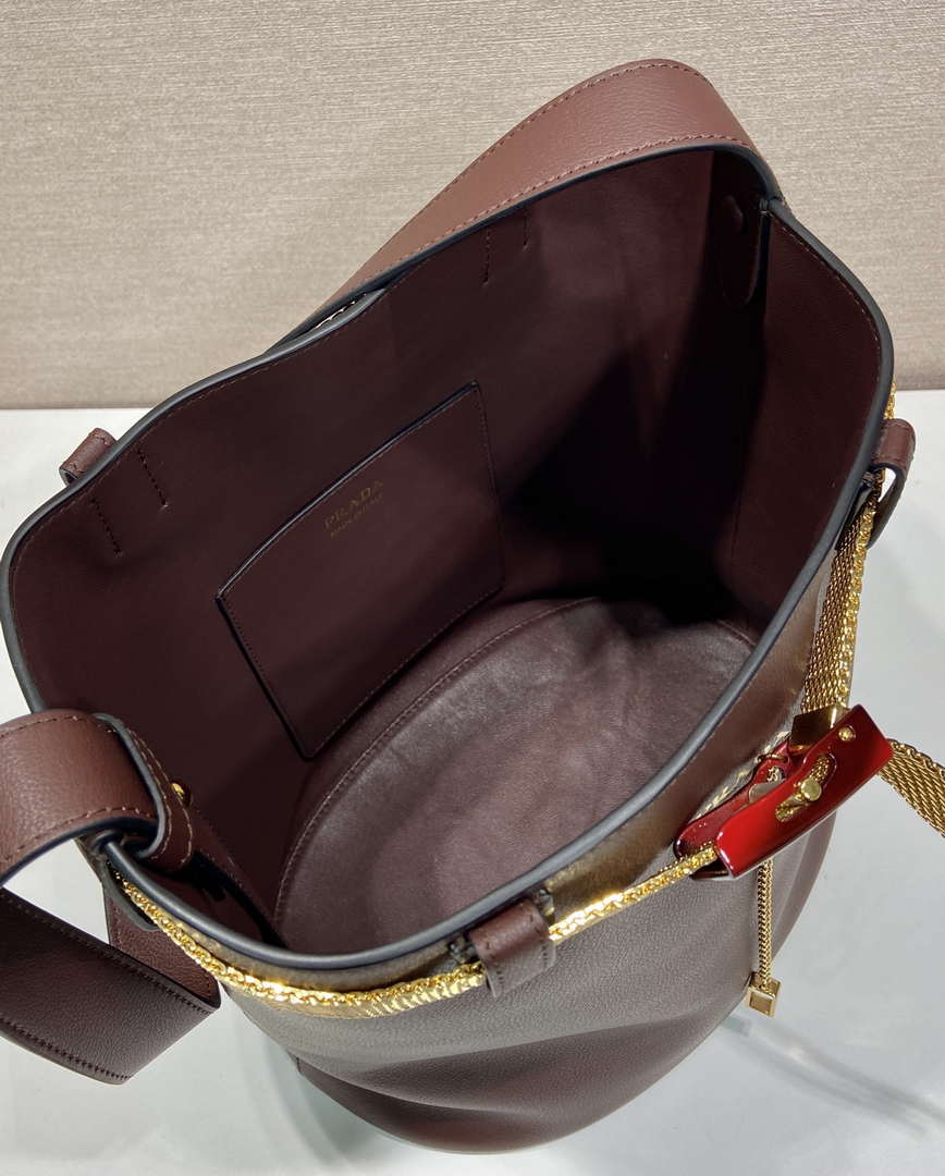 Prada 1BE085 Buckle leather bucket bag with jeweled belt Wine Red