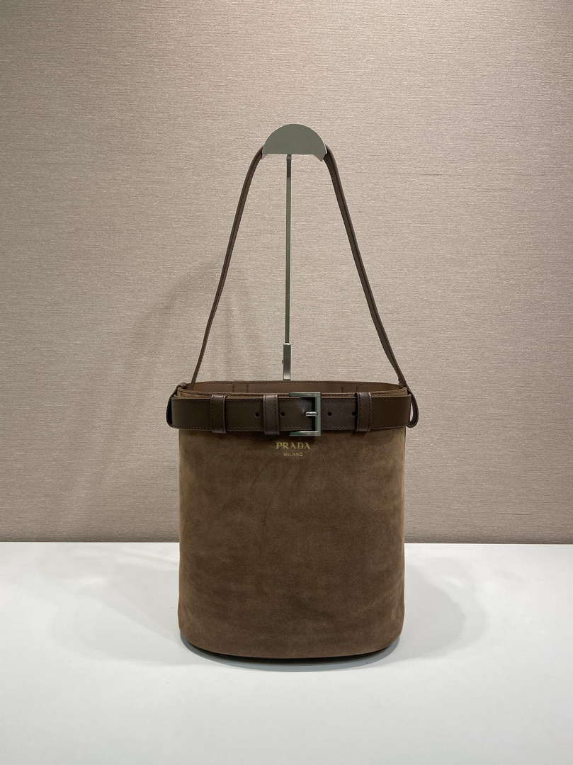 Prada 1BE085 Buckle Suede leather bucket bag with belt Dark Brown