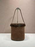 Prada 1BE085 Buckle Suede leather bucket bag with belt Dark Brown
