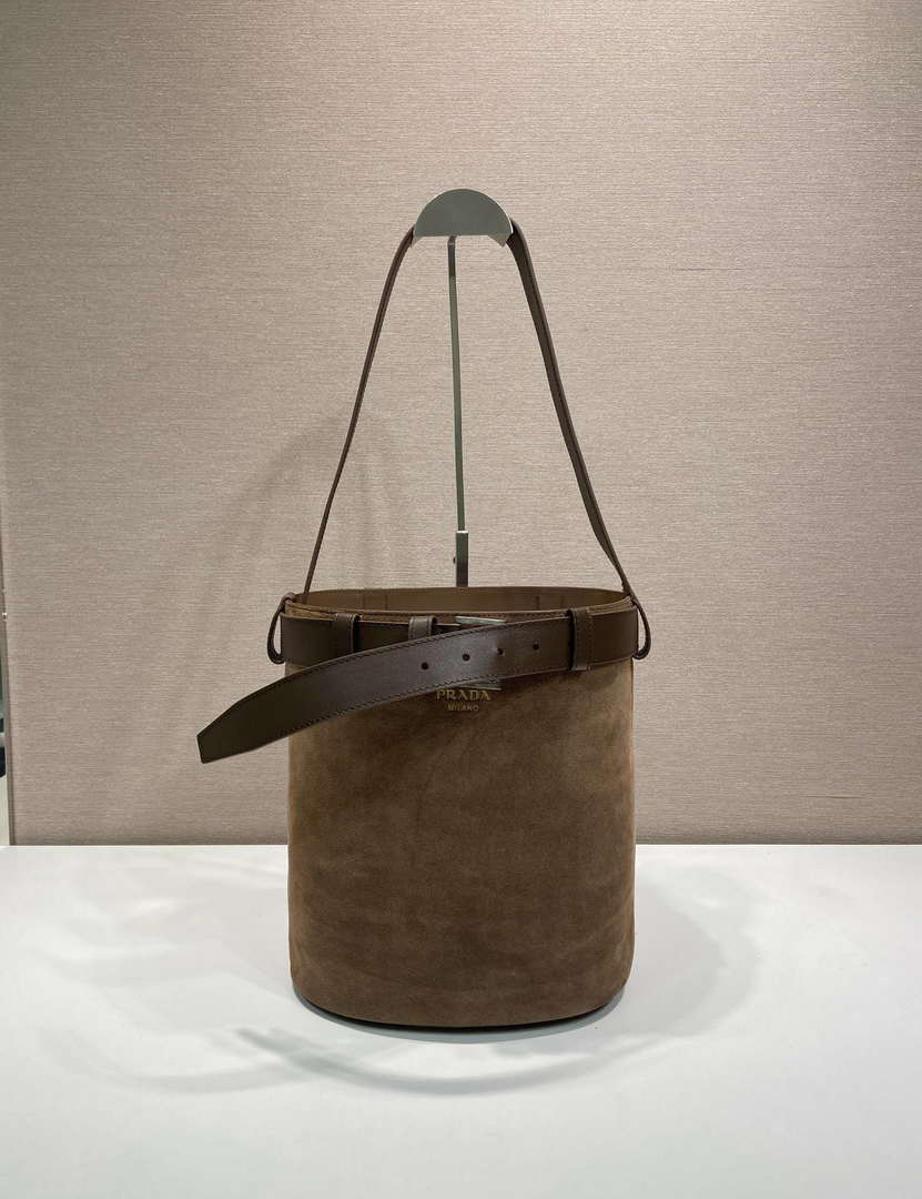 Prada 1BE085 Buckle Suede leather bucket bag with belt Dark Brown